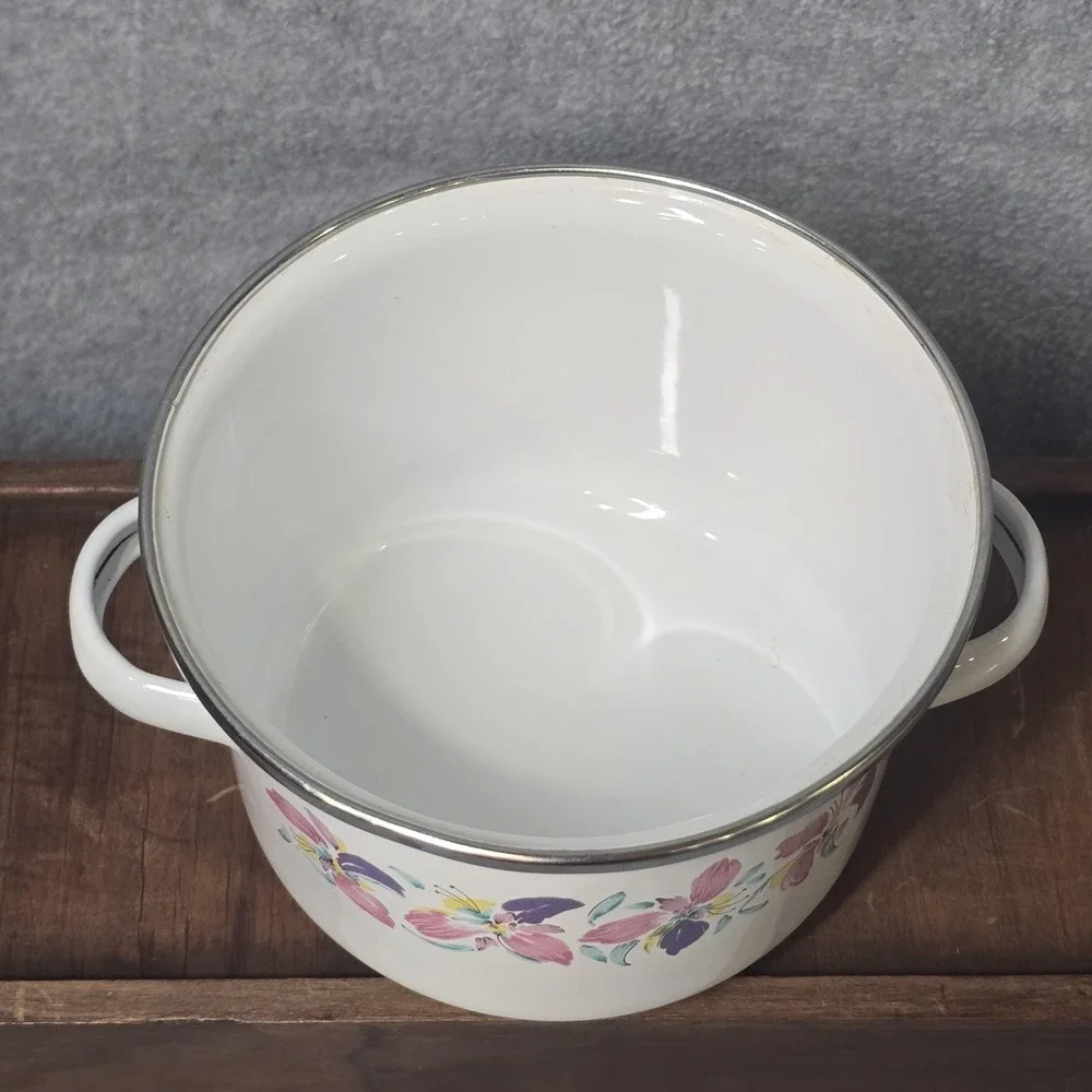 Vintage Enamelware Pots Set of 2 Floral Pink Purple White Lids Indonesia 80s
